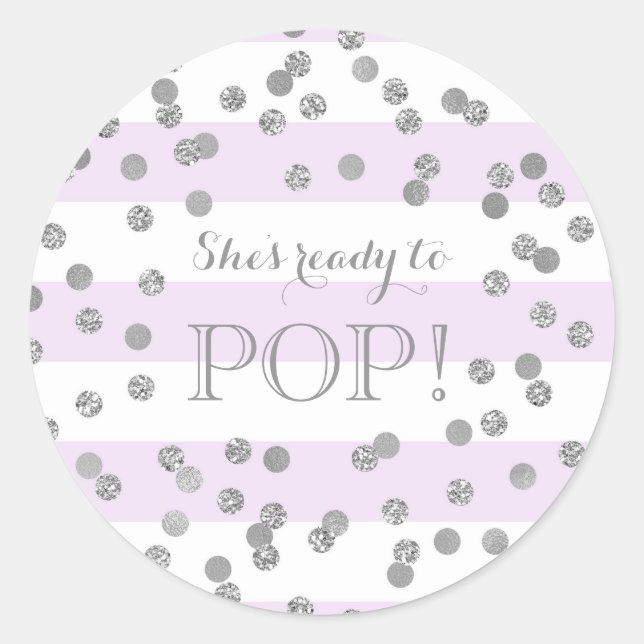 Purple Stripes Silver Confetti She's Ready to Pop Classic Round Sticker (Front)