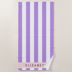 Purple Stripes, Striped Pattern, Lines, Your Name Beach Towel
