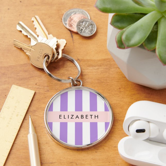 Purple Stripes, Striped Pattern, Lines, Your Name Key Ring (Desk)