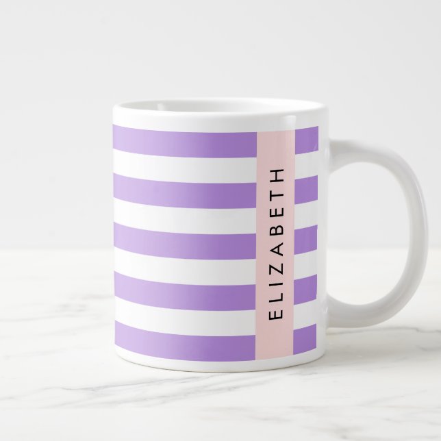 Purple Stripes, Striped Pattern, Lines, Your Name Large Coffee Mug (Right)
