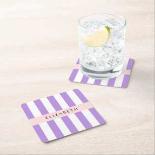 Purple Stripes, Striped Pattern, Lines, Your Name Square Paper Coaster