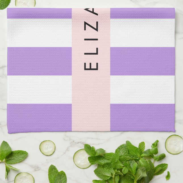 Purple Stripes, Striped Pattern, Lines, Your Name Tea Towel (Folded)