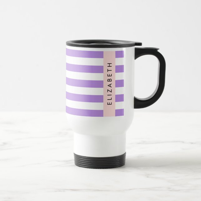 Purple Stripes, Striped Pattern, Lines, Your Name Travel Mug (Right)