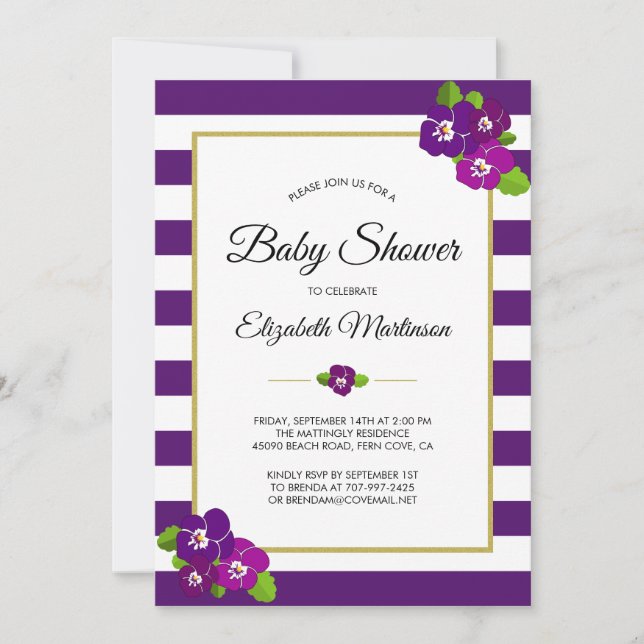 Purple Stripes Violet Pansies Floral Baby Shower Invitation (Front)