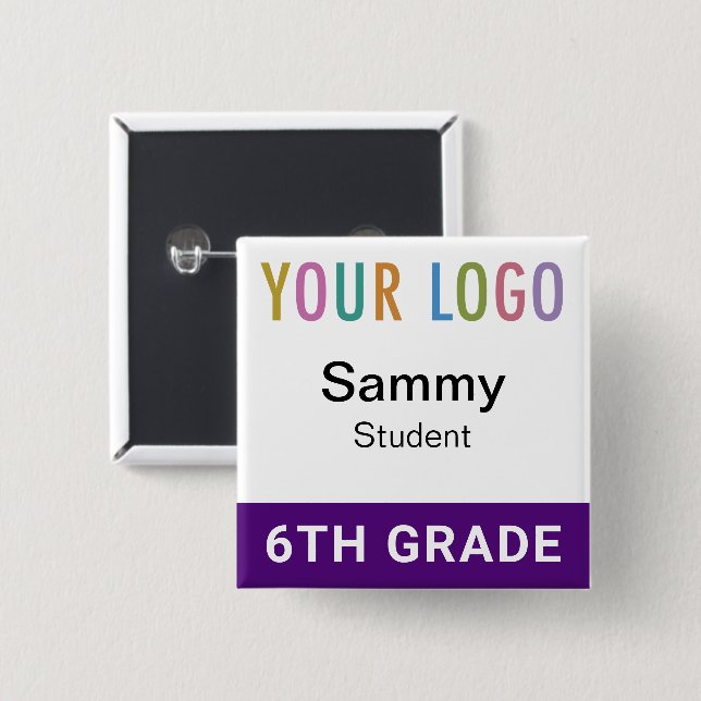 Purple Student Name Badge Button with School Logo (Front & Back)