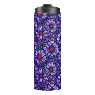Purple stylised flowers pattern thermal tumbler