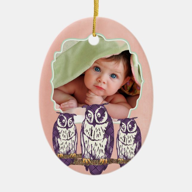 Purple Stylised Geometric Owl Family Ceramic Tree Decoration (Front)