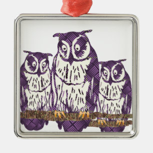 Purple Stylised Geometric Owl Family Metal Tree Decoration