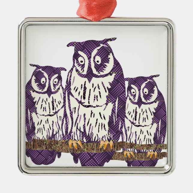 Purple Stylised Geometric Owl Family Metal Tree Decoration (Front)