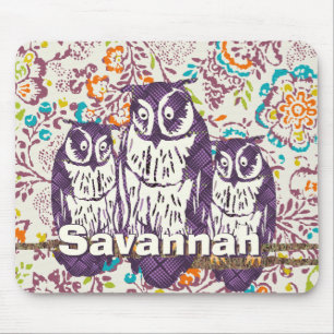 Purple Stylised Geometric Owl Family Mouse Mat