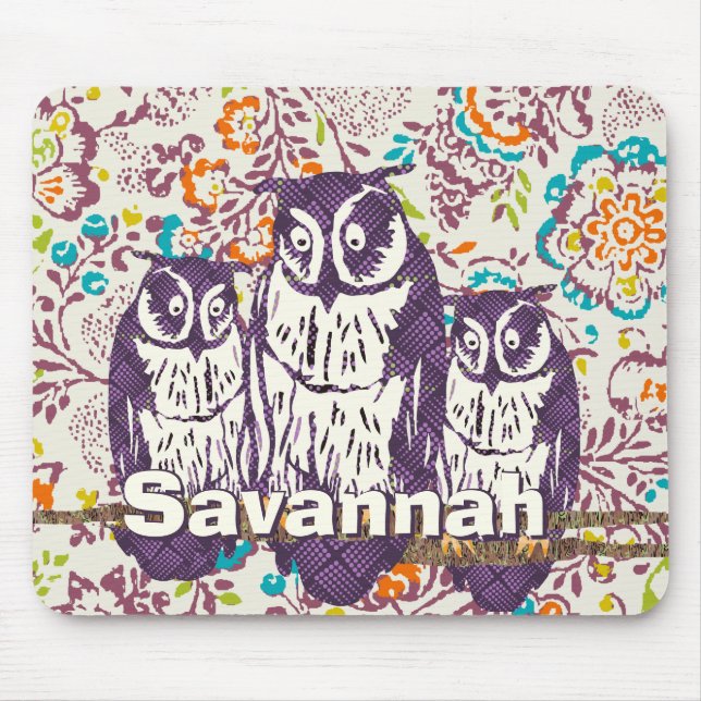 Purple Stylised Geometric Owl Family Mouse Mat (Front)