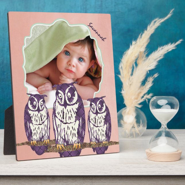 Purple Stylised Geometric Owl Family Plaque (Side)