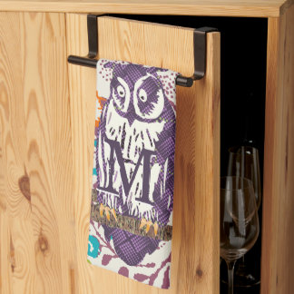 Purple Stylised Geometric Owl Family Tea Towel