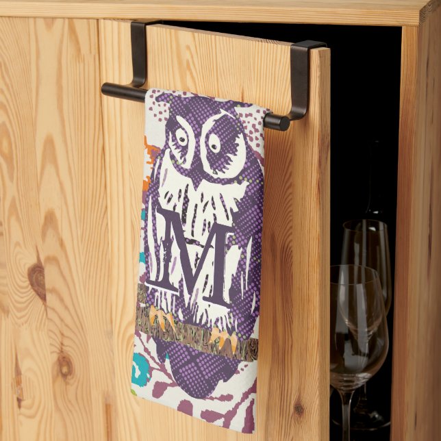 Purple Stylised Geometric Owl Family Tea Towel (Thirds Fold)