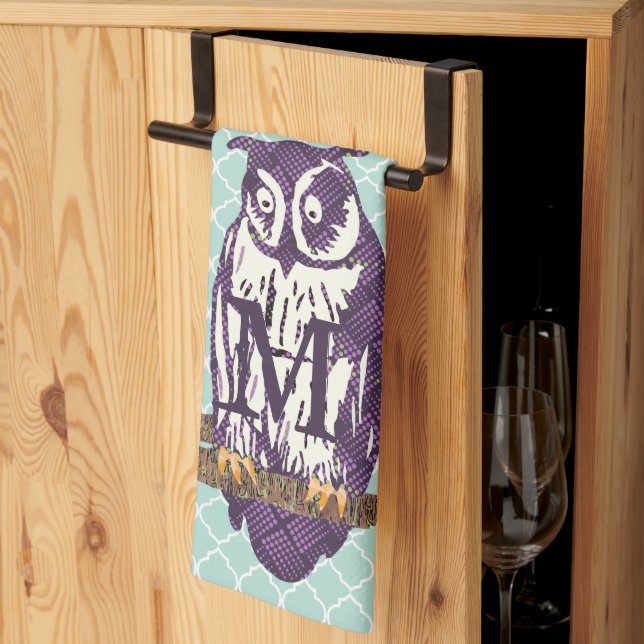 Purple Stylised Geometric Owl Family Tea Towel (Thirds Fold)