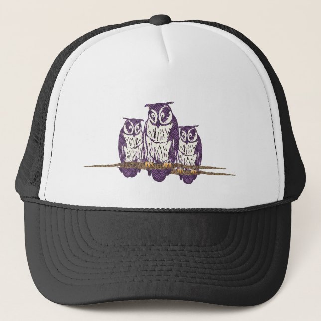 Purple Stylised Geometric Owl Family Trucker Hat (Front)
