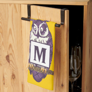 Purple Stylised Owl Family on Any Colour Tea Towel