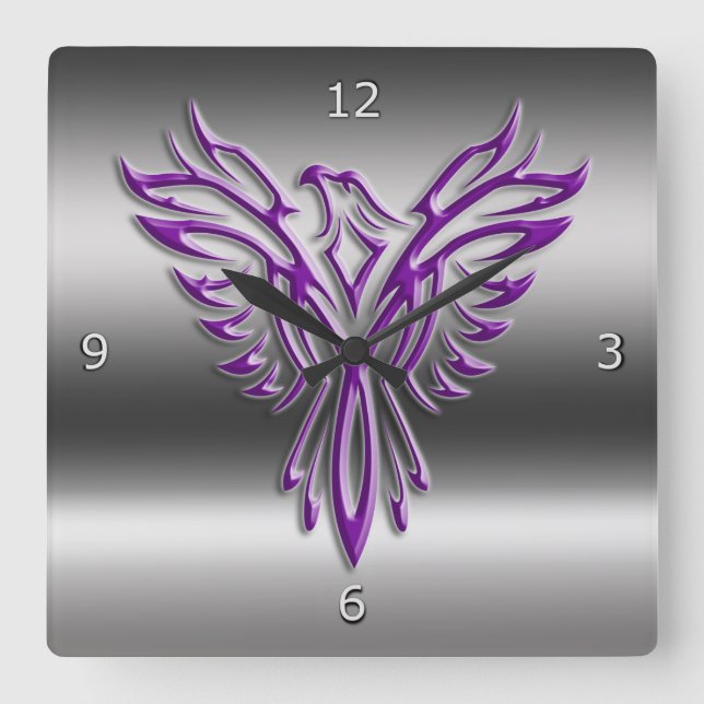 Purple stylised Phoenix Rising on metallic-look Square Wall Clock (Front)