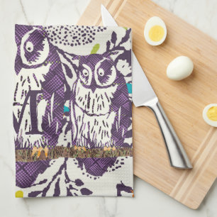 Purple Stylised Vintage Floral Owl Family Tea Towel