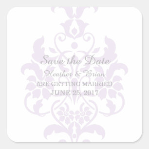Purple Subtle Damask Save the Date Stickers