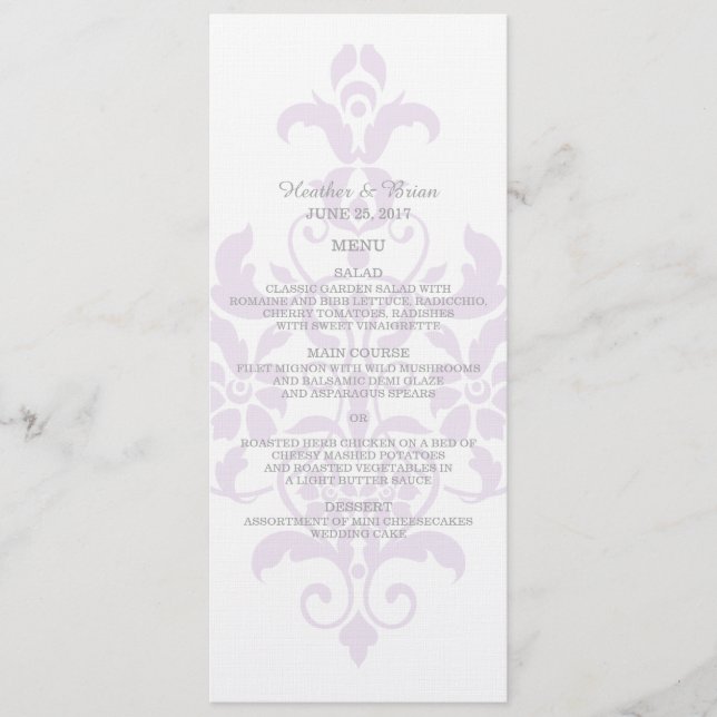 Purple Subtle Damask Wedding Menu (Front)
