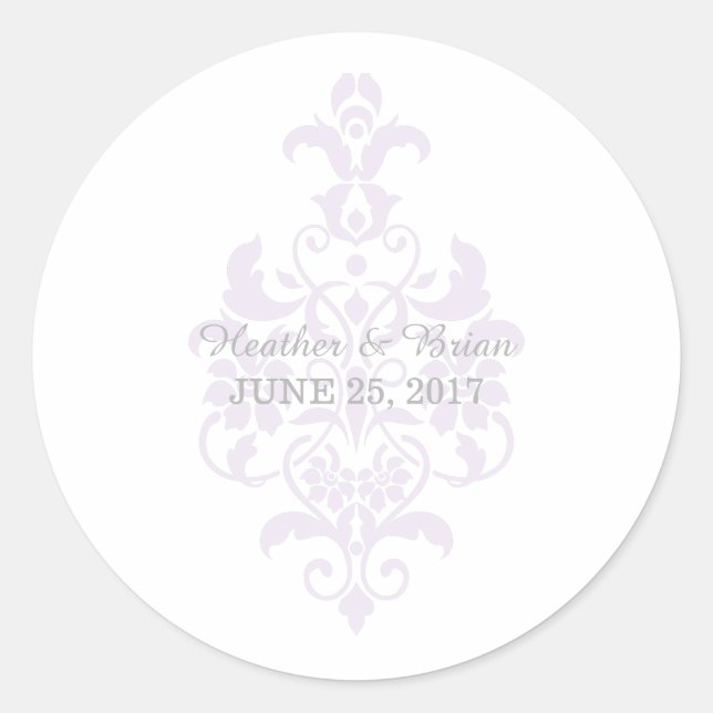 Purple Subtle Damask Wedding Stickers (Front)