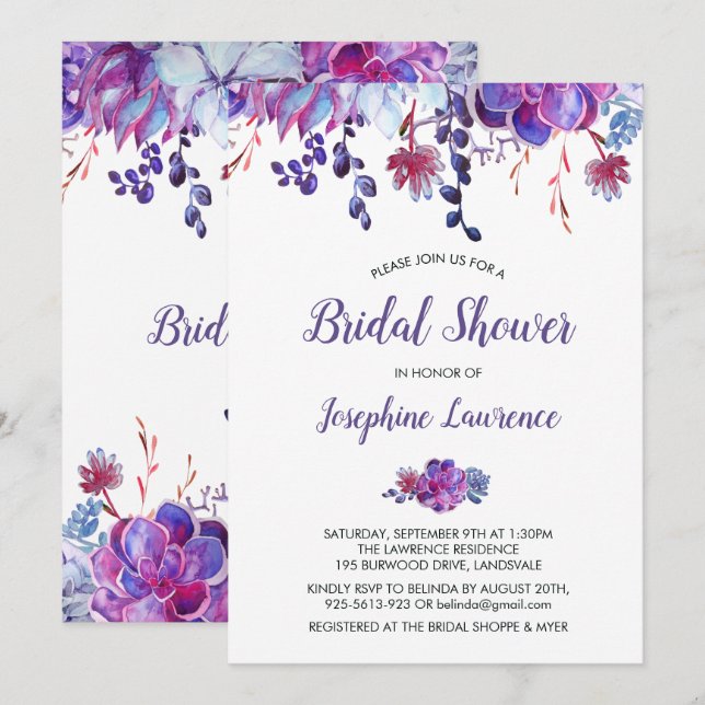 Purple Succulent Foliage Bridal Shower Invitation (Front/Back)