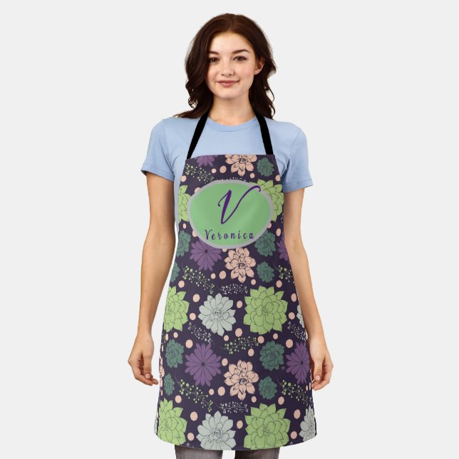 Purple Succulent Monogram Script  Apron (Worn)
