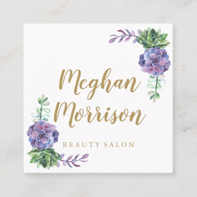Purple succulent square business card (Front)