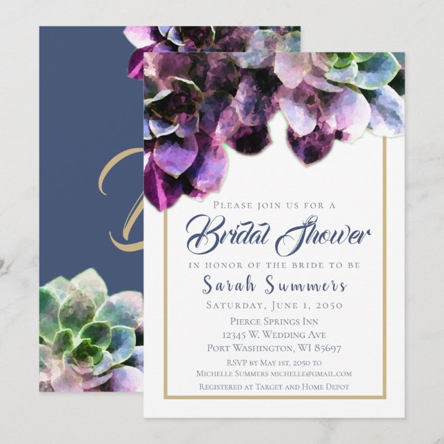 Purple Succulents Elegant Bridal Shower Invitation (Front/Back)