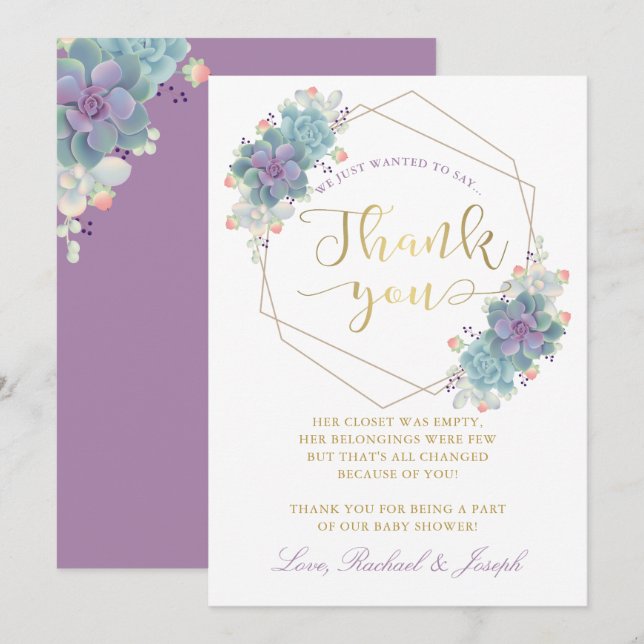 Purple Succulents Gold Geometric Baby Shower Thank You Card (Front/Back)