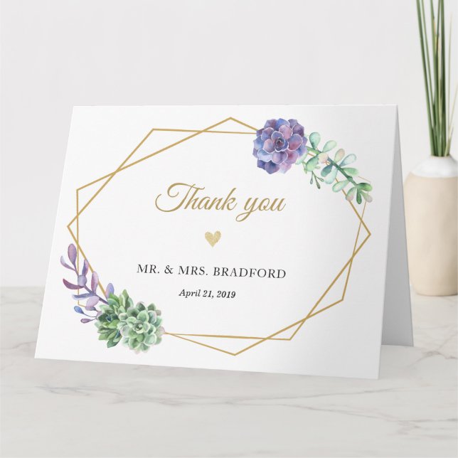 Purple succulents Gold geometric frame thank you Card (Front)