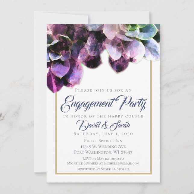 Purple Succulents with Blue Text Engagement Party Invitation (Front)