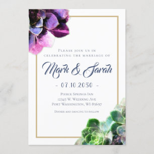 Purple Succulents with Blue Text Tan Line Wedding Invitation