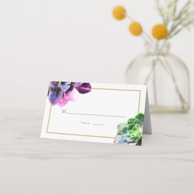 Purple Succulents with Blue Text Tan Line Wedding Place Card (Front)