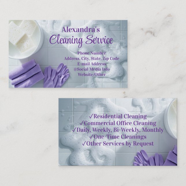 Purple Suds Elegant Cleaning Service Housekeeping Business Card (Front/Back)