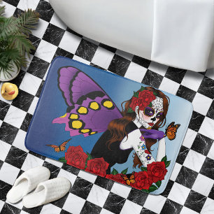 Purple Sugar Skull Fairy Red Roses Monarchs Gothic Bath Mat