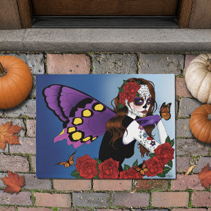 Purple Sugar Skull Fairy Red Roses Monarchs Gothic Doormat