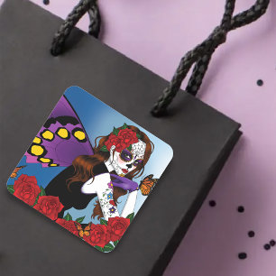 Purple Sugar Skull Fairy Square Sticker