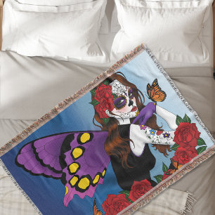 Purple Sugar Skull Fairy Throw Blanket