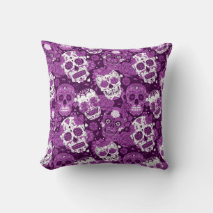 Purple sugar skull floral ornamental pattern cushion