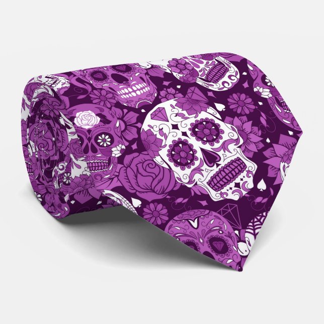 Purple sugar skull floral ornamental pattern tie (Rolled)