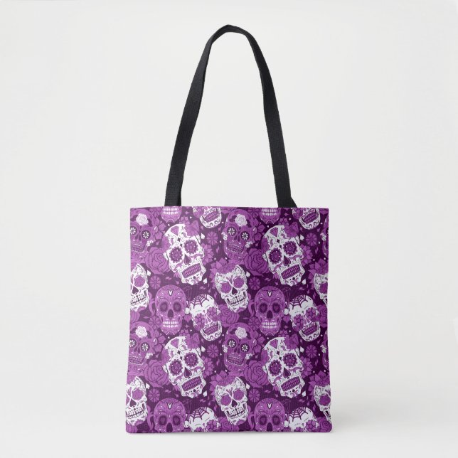 Purple sugar skull floral ornamental pattern tote bag (Front)