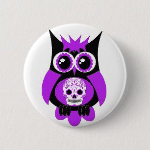 Purple Sugar Skull Owl Button