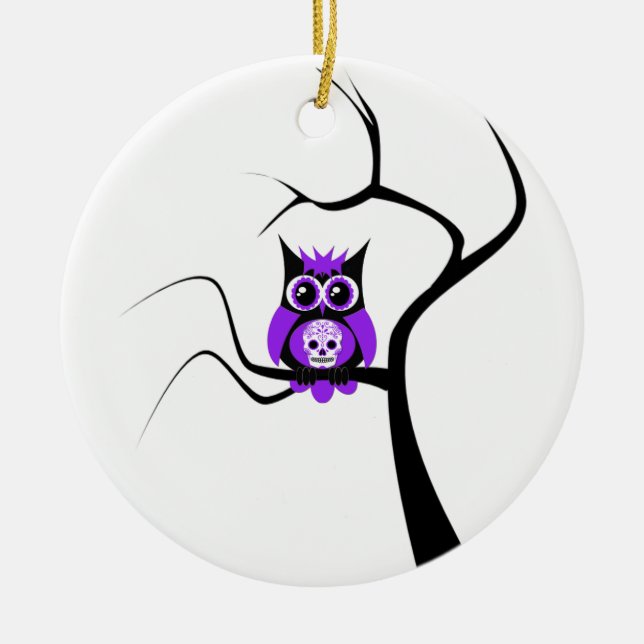 Purple Sugar Skull Owl in Tree Ornament (Front)