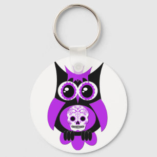 Purple Sugar Skull Owl Keychain
