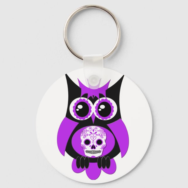 Purple Sugar Skull Owl Keychain (Front)