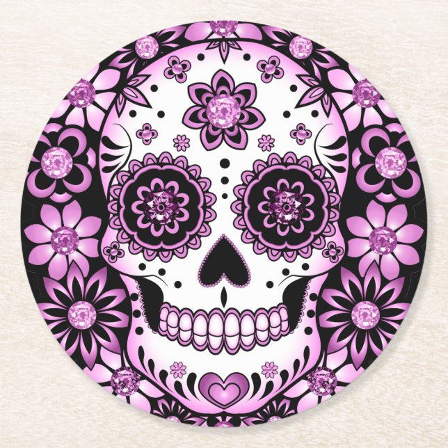 Purple Sugar Skull Round Paper Coaster (Front)