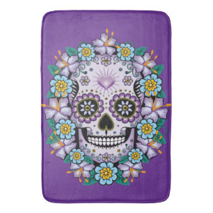 Purple Sugar Skull with Flowers Bath Mat