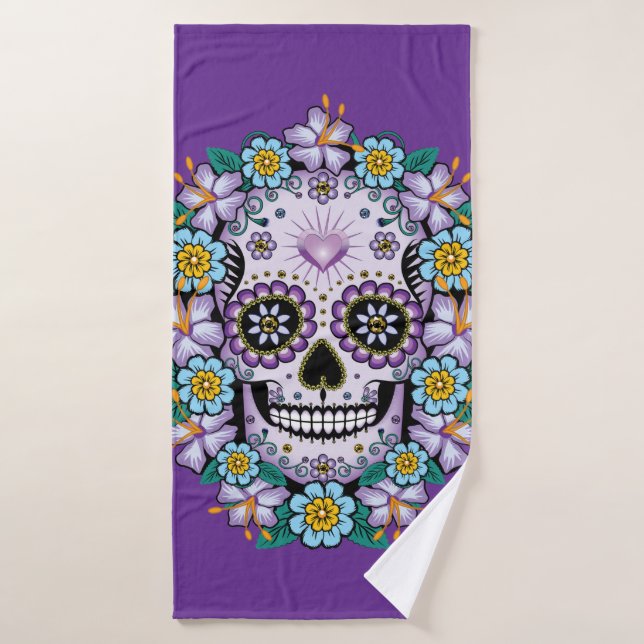 Purple Sugar Skull with Flowers Bath Towel Set (Bath Towel)